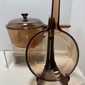 Corning ware vision 1.5 L Amber pot glass sauce, pan and lid W/7” skillet